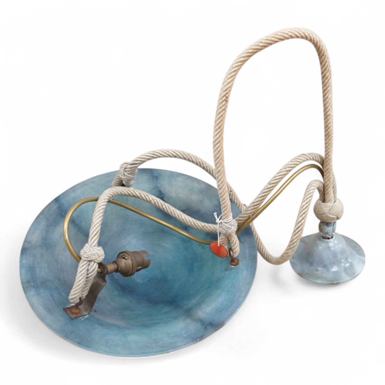 A French Art Deco blue alabaster plafonnier and matching ceiling rose, with cream cord, inscribed number, 30cm diameter